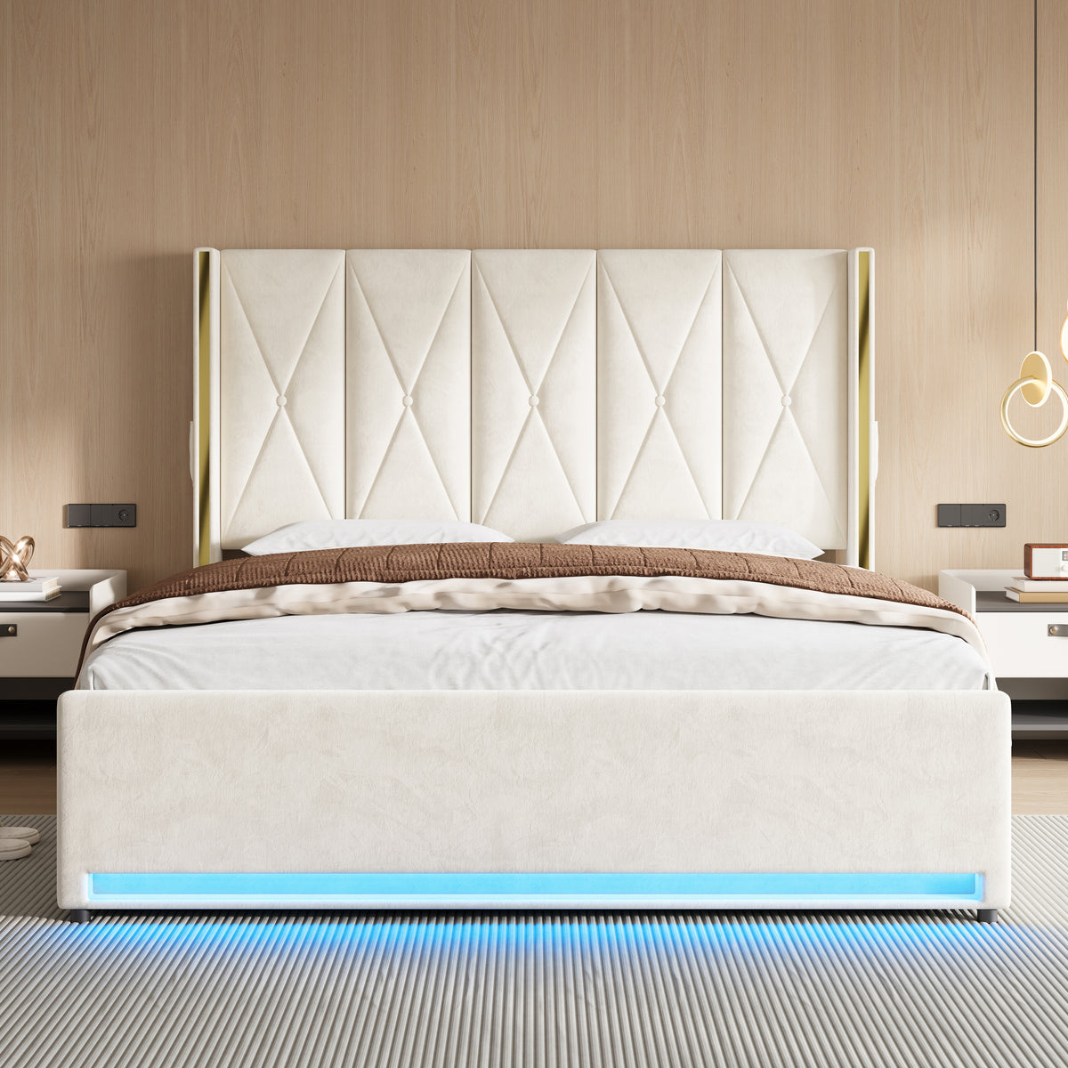 Storage Bed with LED, USB & Hydraulic Storage, 180x200cm, Velour