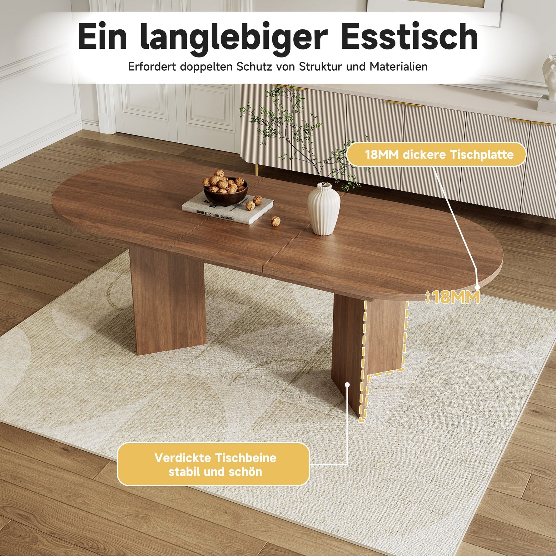 Extendable Dining Table, 140/180 x 90 cm, 6-8 People with Rounded Corners, Walnut