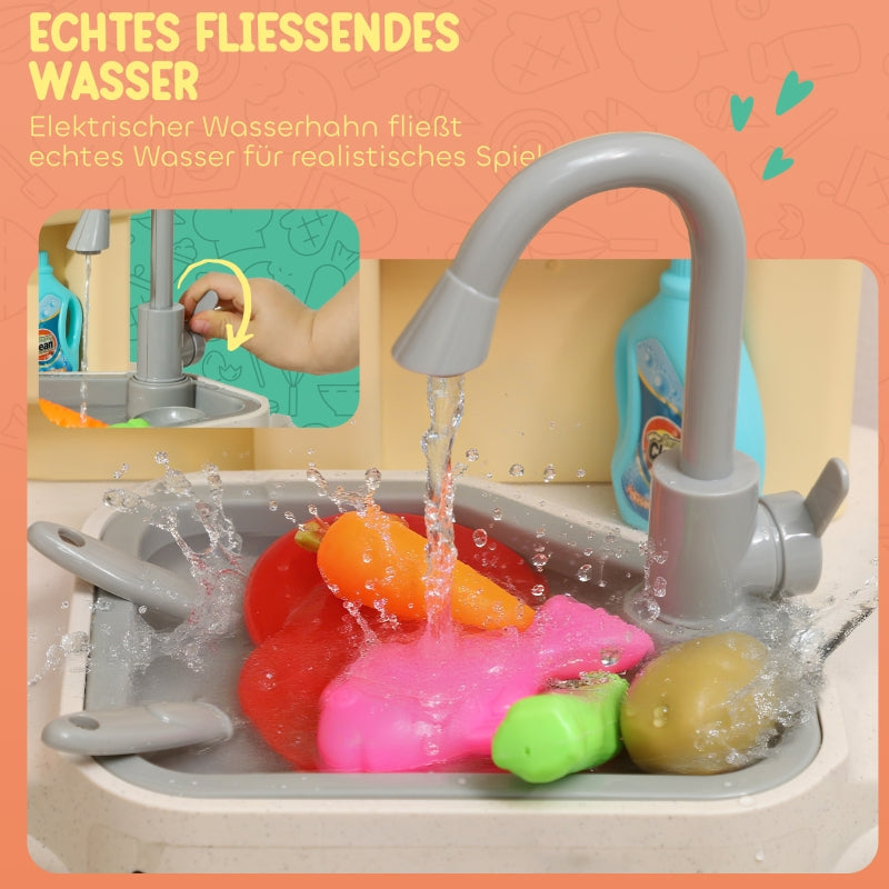 Play Kitchen, Running Water 85-Piece Set Lights Sounds Ages 3-6, Green Plastic