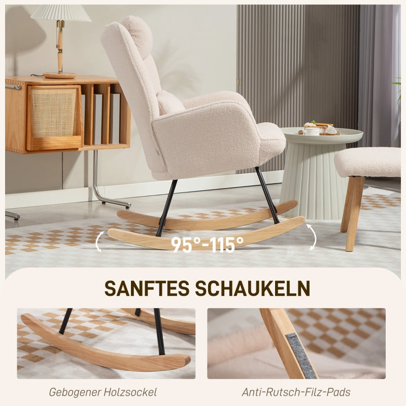 Rocking Chair & Footstool, High Back, Soft Fleece, Wooden Legs, Beige
