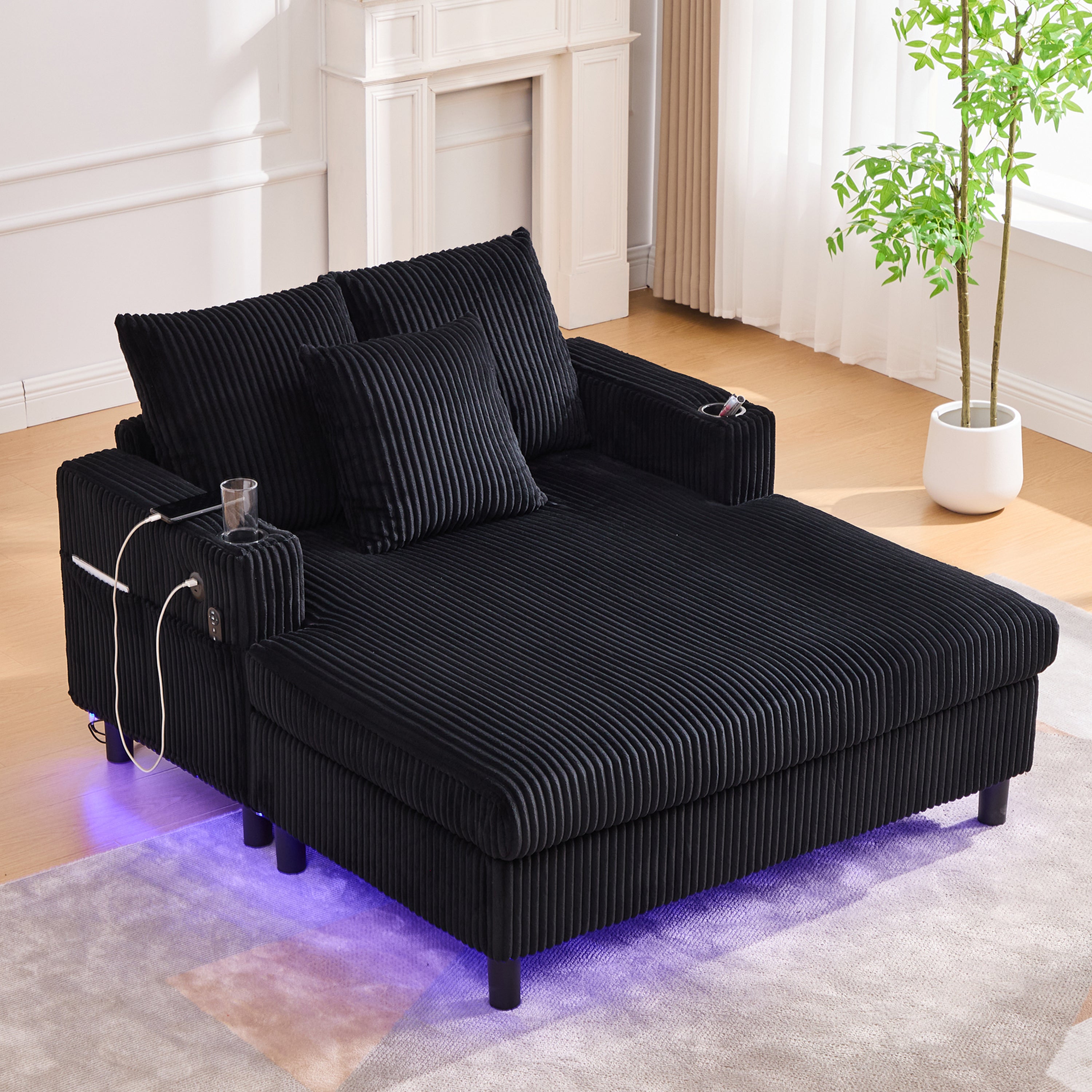 Chaise Longue Recliner, Soft with Cup Holders, USB Ports & LED Lighting