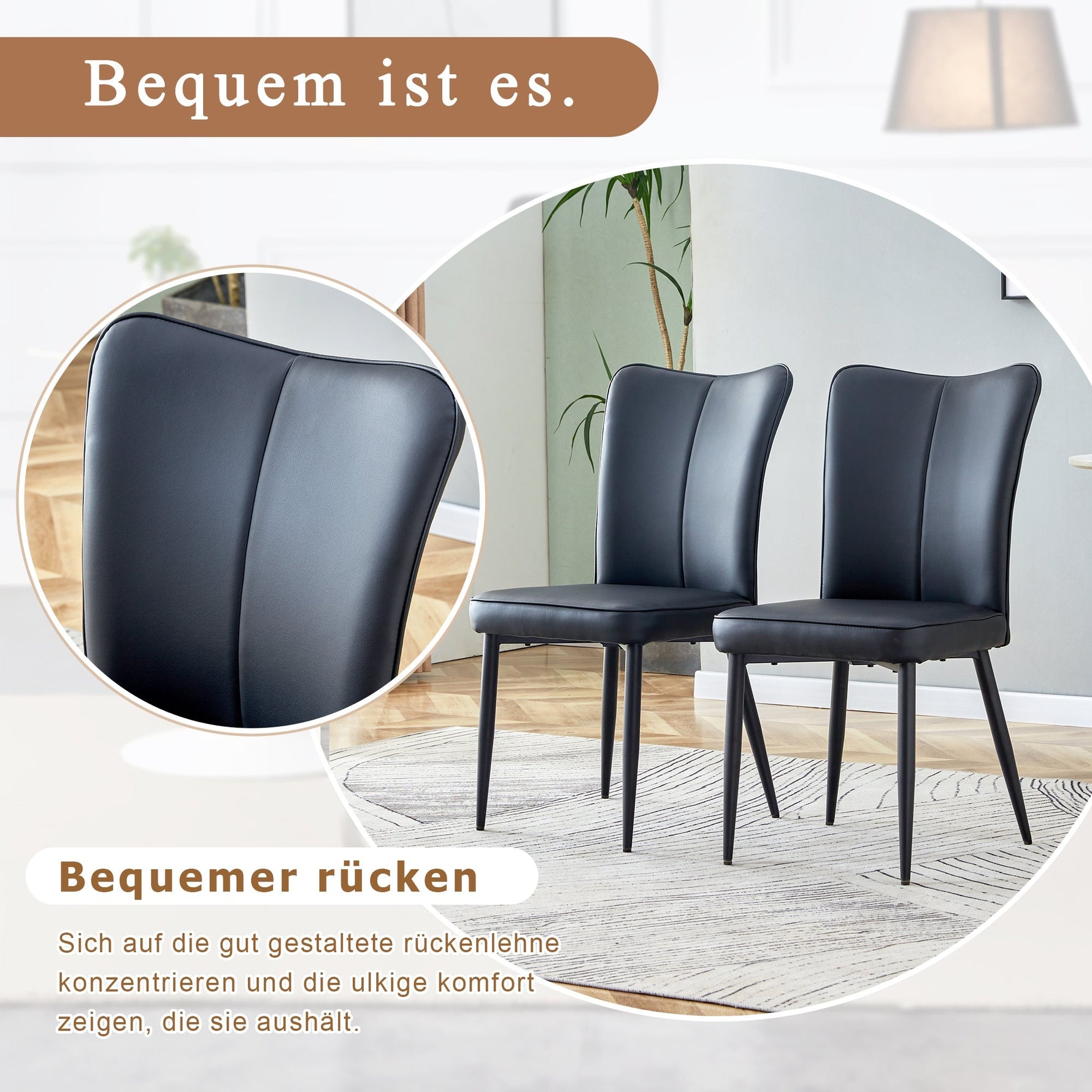Dining Chair Modern Minimalist PU Leather Back Metal Legs - Black