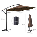 Cantilever Parasol, Sunshade Ø3x2.5m with Crank, Steel Frame, Coffee Polyester Fabric