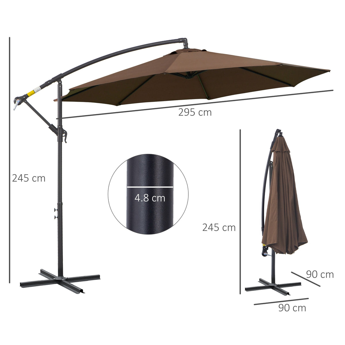 Cantilever Parasol, Sunshade Ø3x2.5m with Crank, Steel Frame, Coffee Polyester Fabric