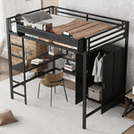 Iron Loft Bed with Desk, Storage and Wardrobe, Black Iron and MDF, 140x200cm