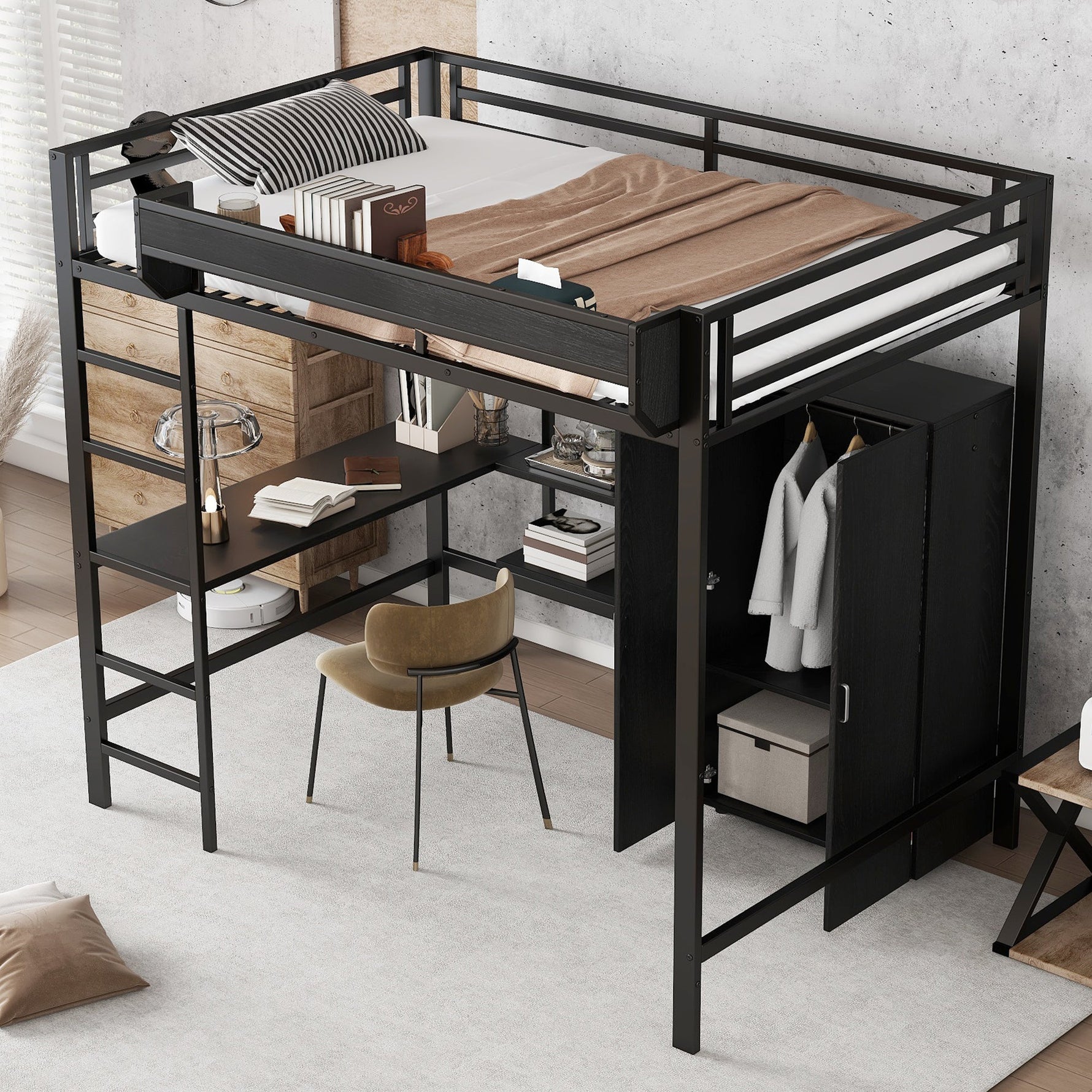 Iron Loft Bed with Desk, Storage and Wardrobe, Black Iron and MDF, 140x200cm