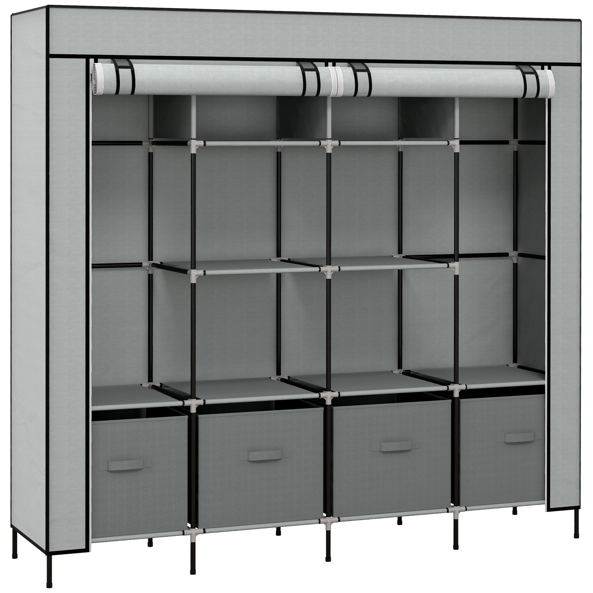 Fabric Wardrobe, Clothes Rail 10 Compartments 4 Drawers, Dark Grey