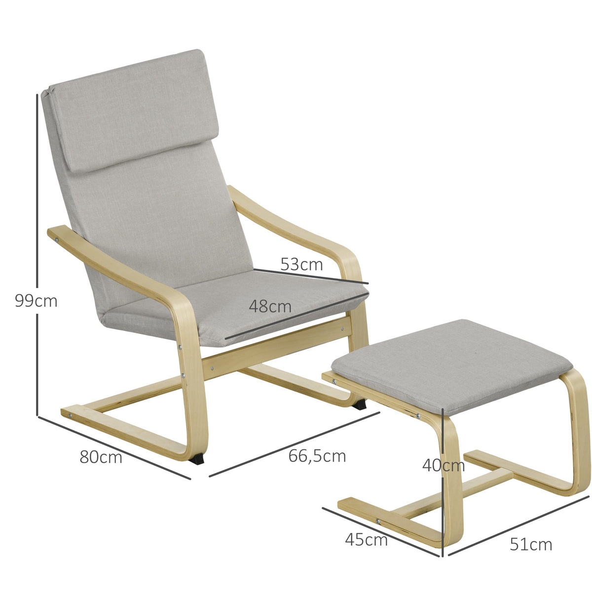 Lounge Chairs Set of 2 with Footstool, Armrest, Headrest, Light Grey Linen
