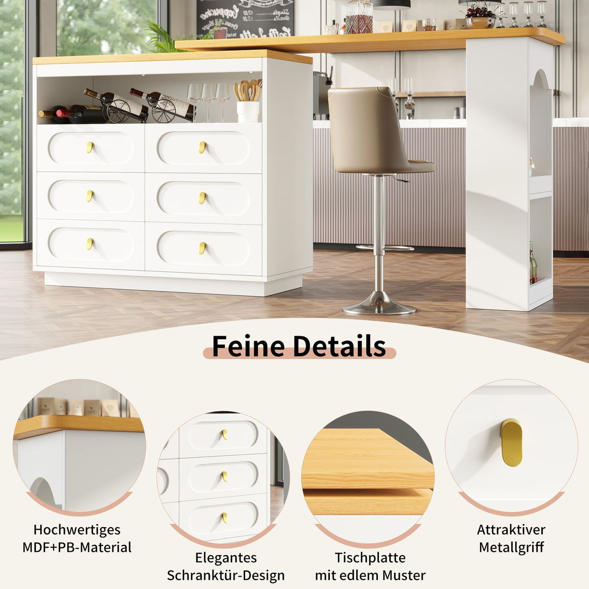 Extendable Rolling Bar Table 360° Swivel Storage Drawers - White