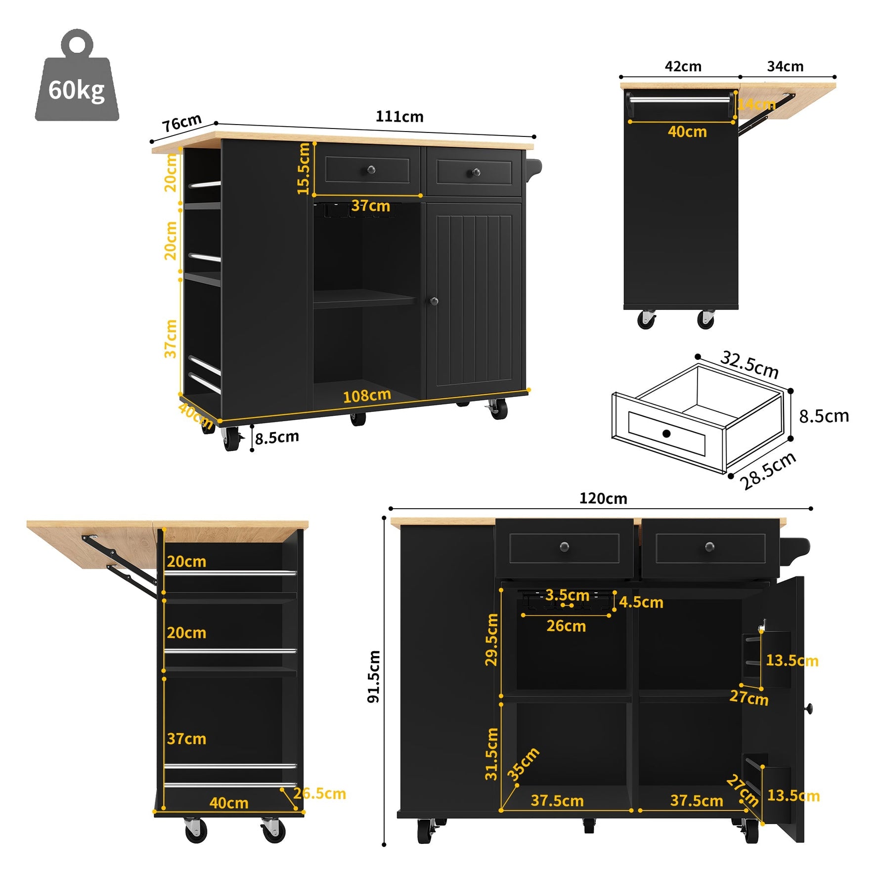 Kitchen Island Mobile Removable Partitions Wine Rack - Black Wood Grain