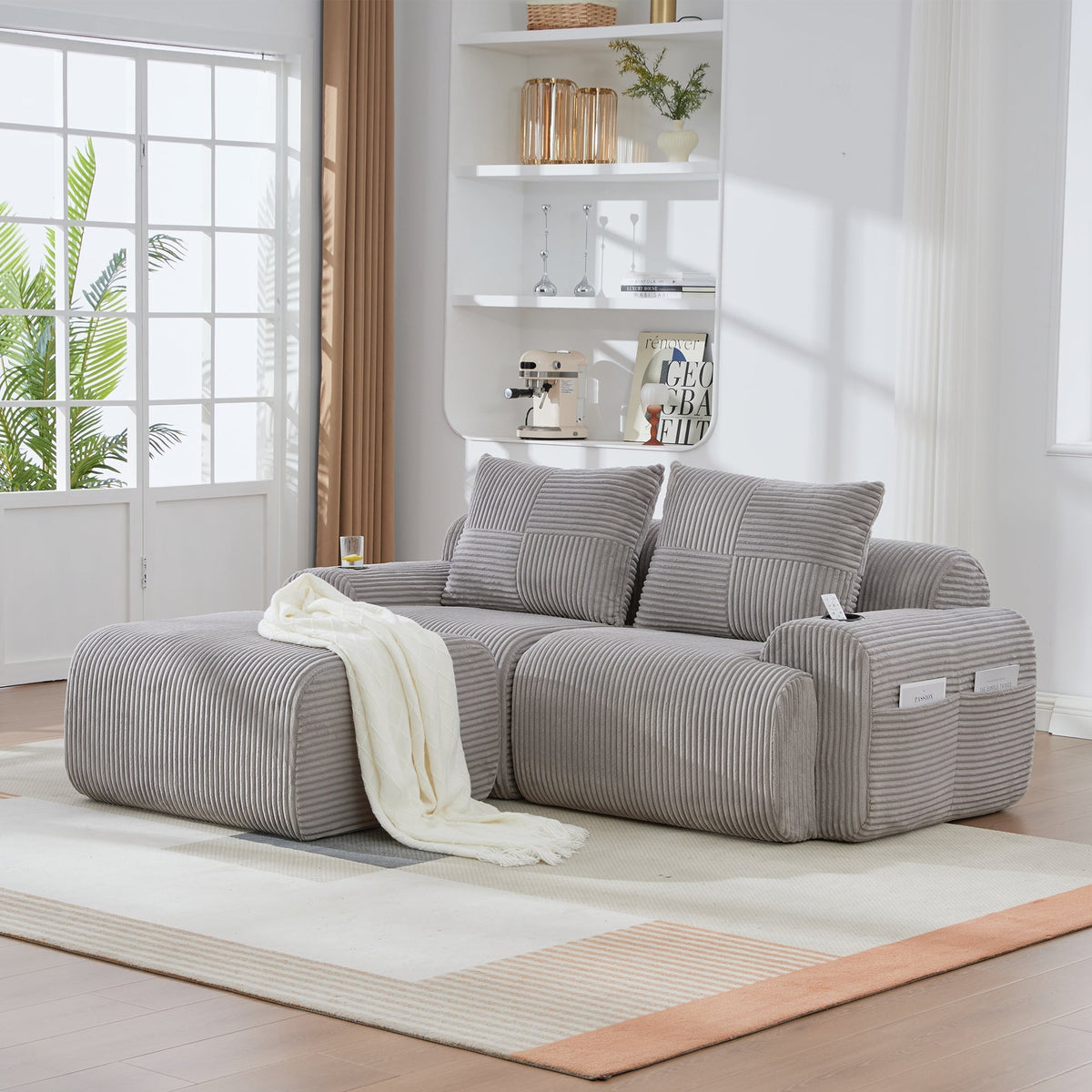 Modular Sofa for 2 People, Freely Combinable with Ottomans and Cup Holder, Light Grey Corduroy
