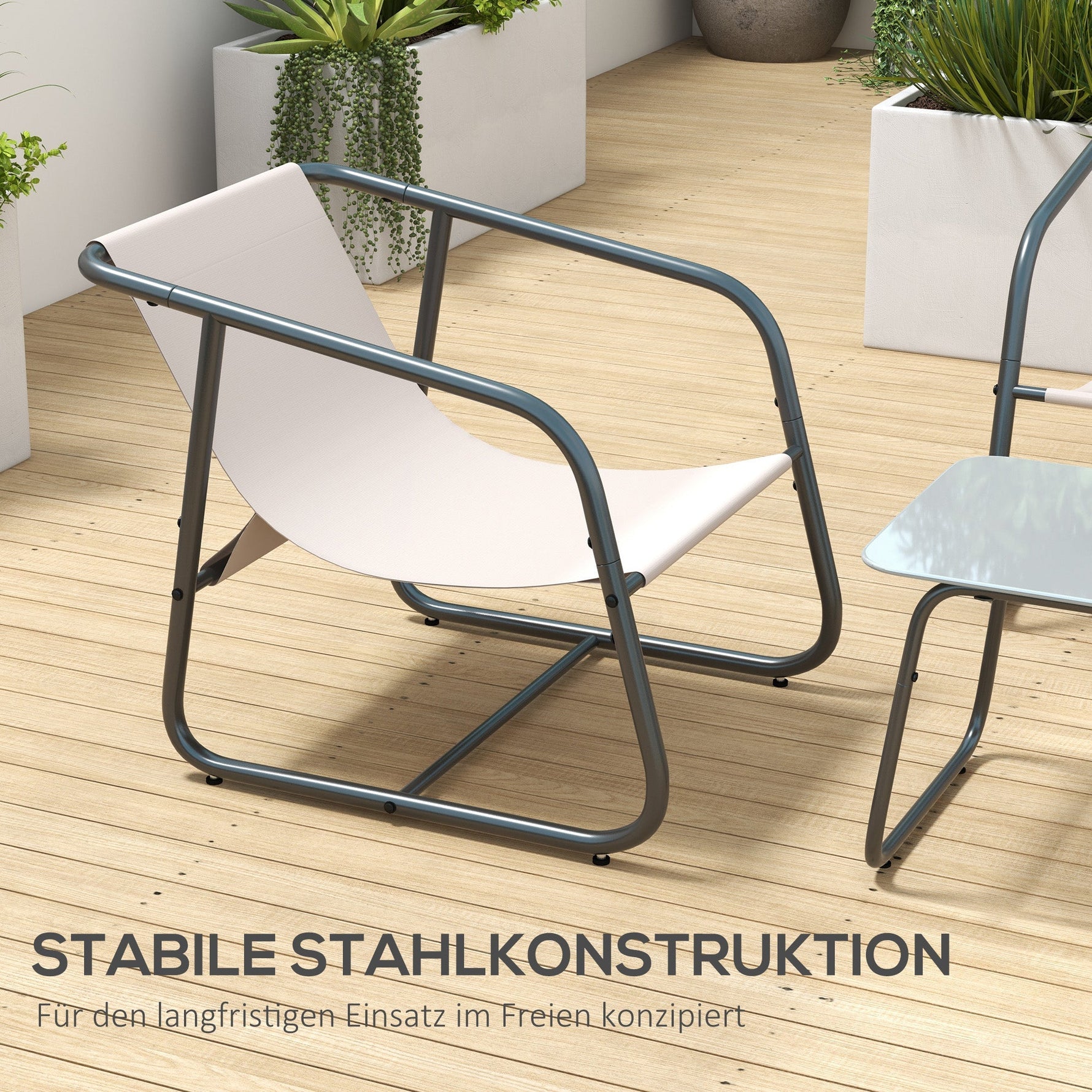 Garden Furniture Set 4-Piece, 2 Armchairs, 1 Two-Seater, Tempered Glass Coffee Table, Cream
