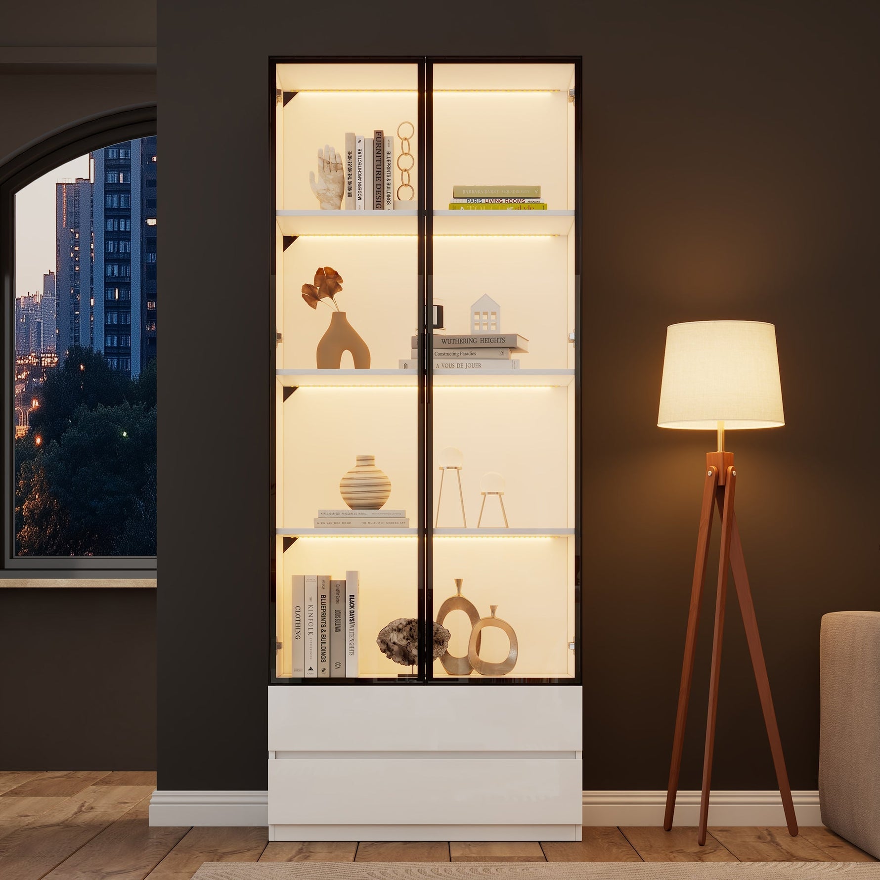 Display Cabinet 80x34x200cm Tall with LED Lights 2 Doors Aluminum Frame White