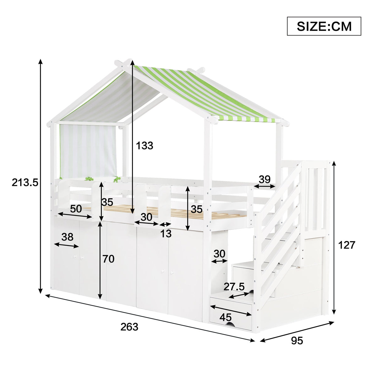 Bunk Bed, Safety Gate, Wardrobe, Lockers, Stairs, 90x200cm, White & Green Pine+MDF+Plywood