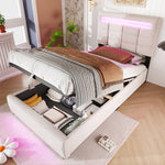 Upholstered Bed 90x200cm Hydraulic Storage LED USB App Control - Beige Linen