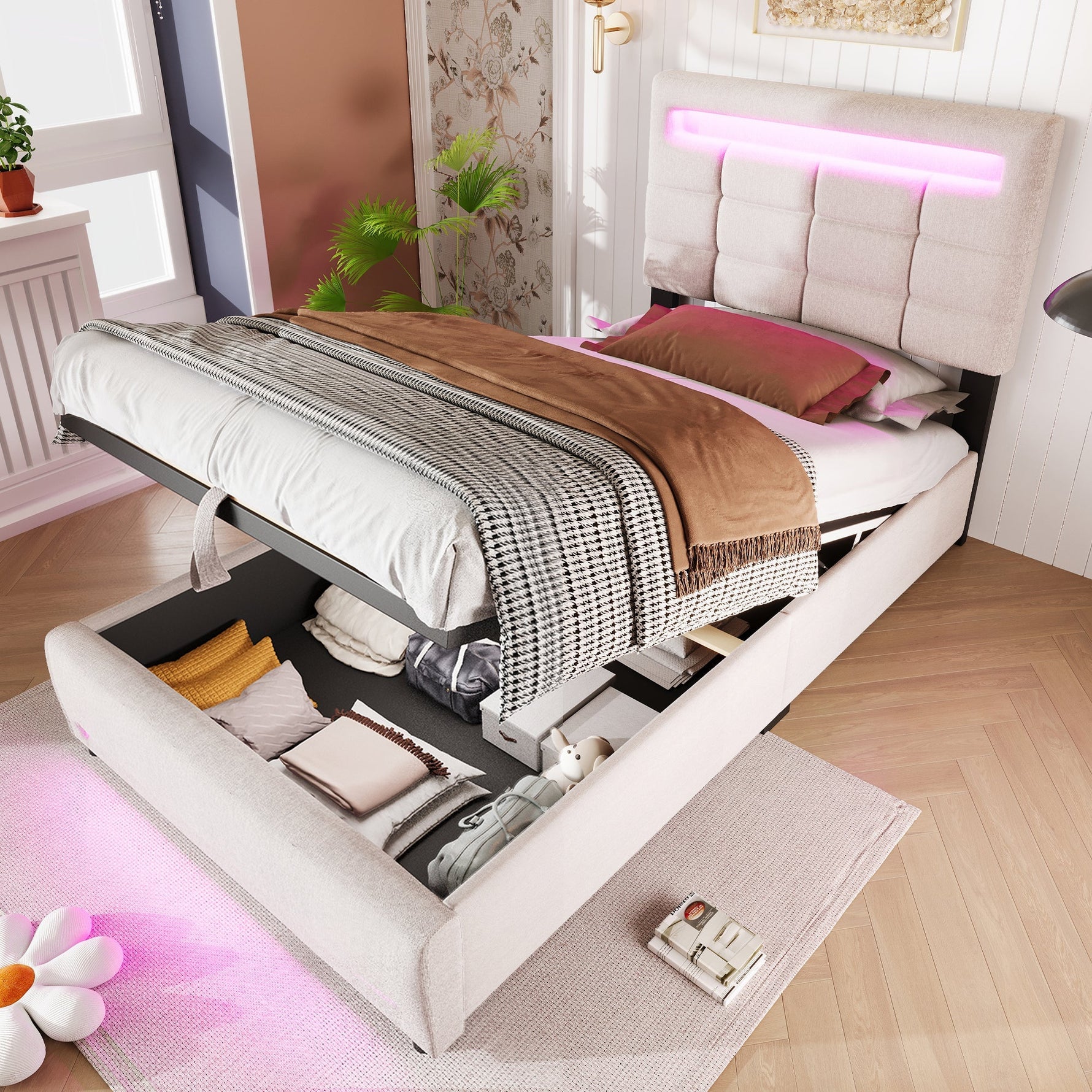 Upholstered Bed 90x200cm Hydraulic Storage LED USB App Control - Beige Linen