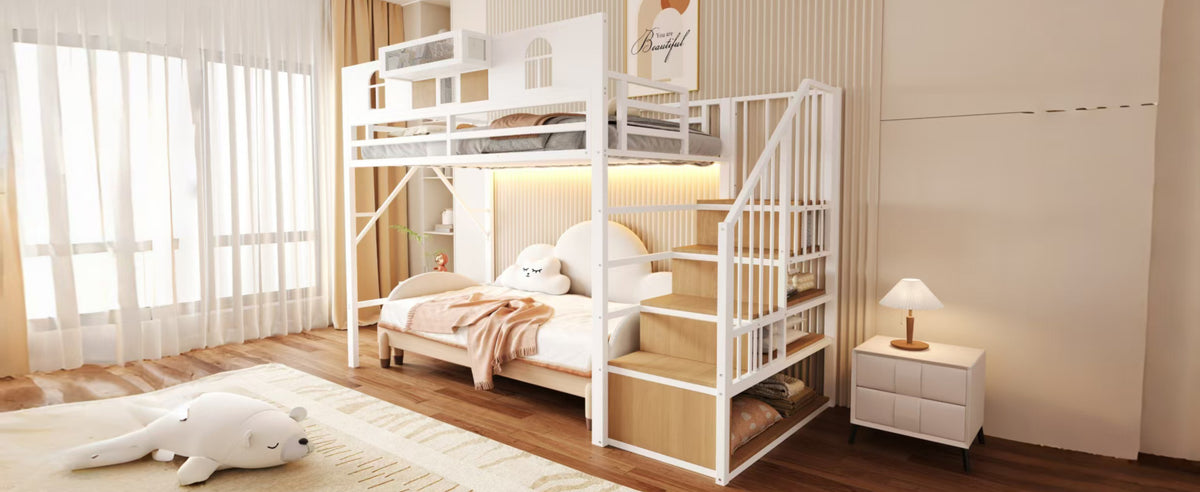 Metal Loft Bed 90x200cm with Storage Ladder & Light Strip, White