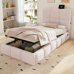 Upholstered Bed 90x200cm with Storage & USB Port, Pink Velvet