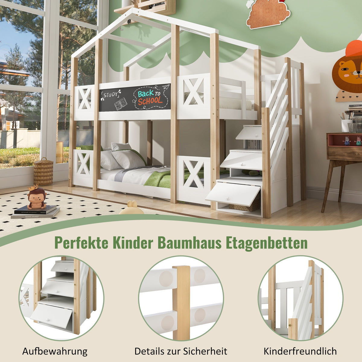Bunk Bed 90x200cm Tree House Loft with Stairs & Fall Protection, Natural & White