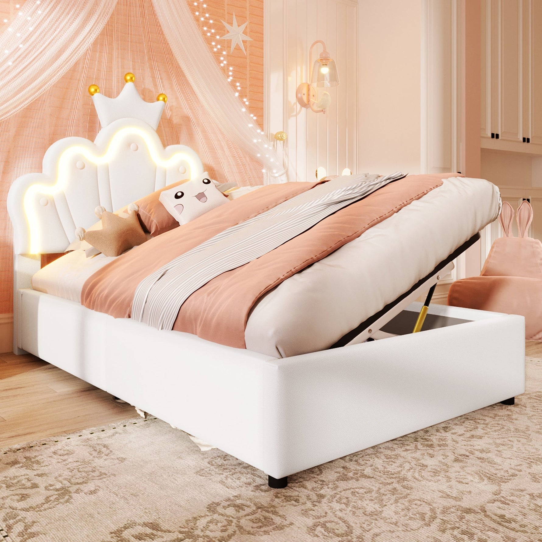Upholstered Bed 90x200cm Hydraulic Storage LED Crown Adjustable Headboard - PU White