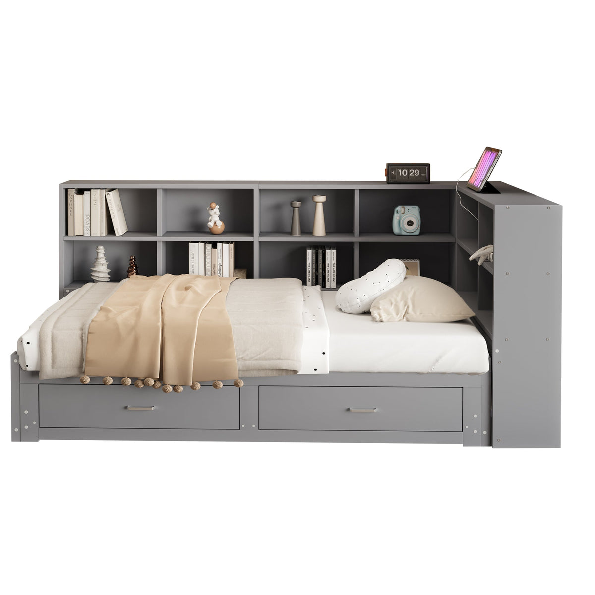 Solid Wood Sofa 90/180x190cm Pull-out Bed Storage Drawers, Grey