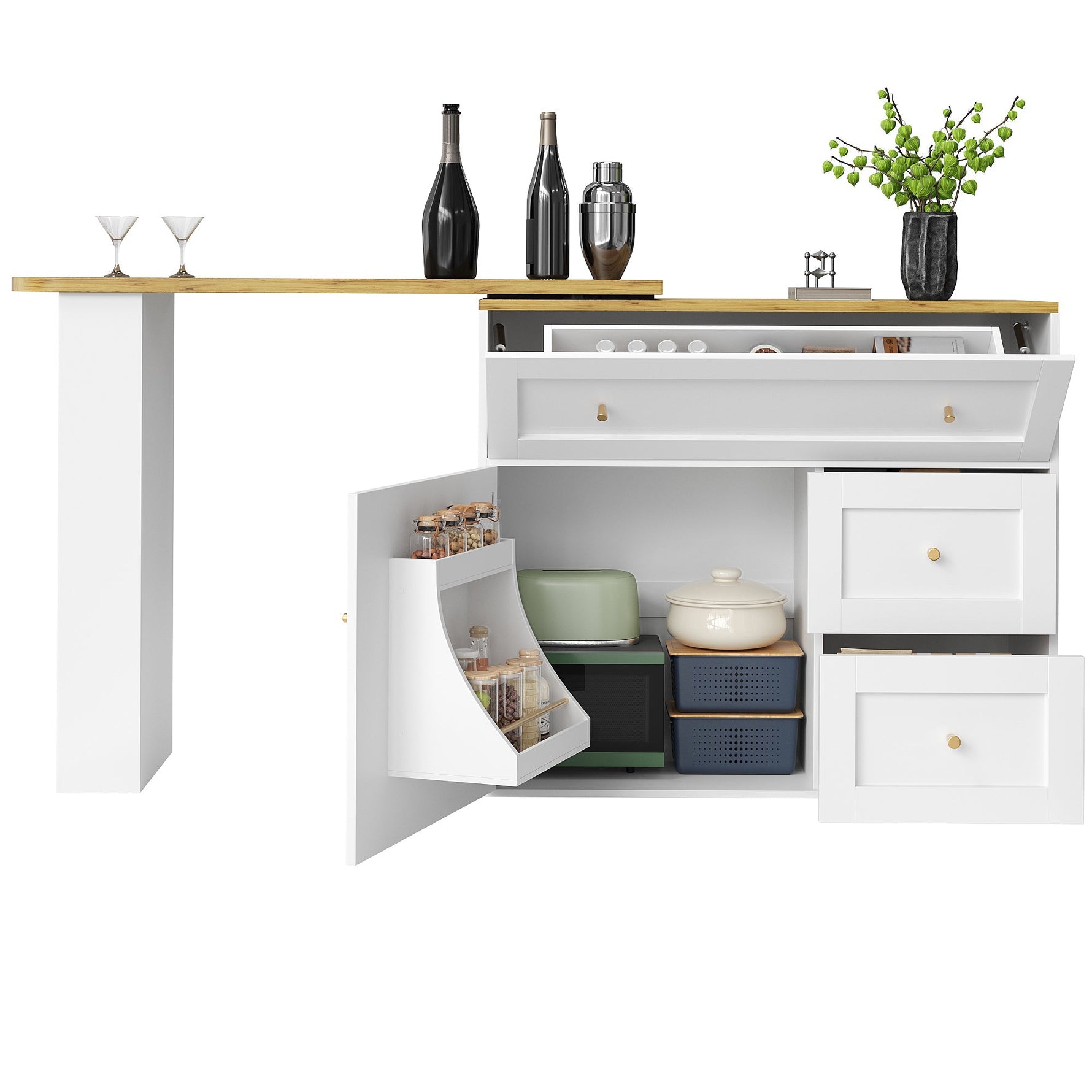 Extendable Bar Table Telescopic Storage Snack Shelf 138-204cm - White