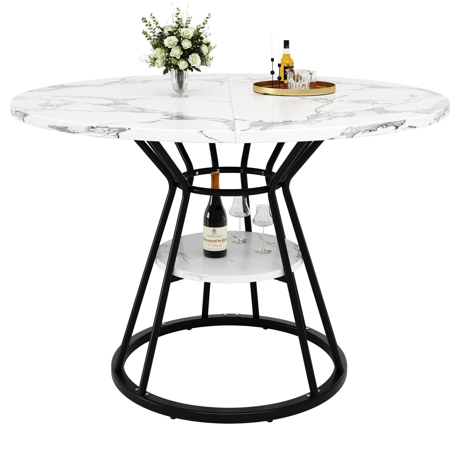 Round Dining Table with Metal Legs and Storage Shelf, Marble Pattern Gold and Black