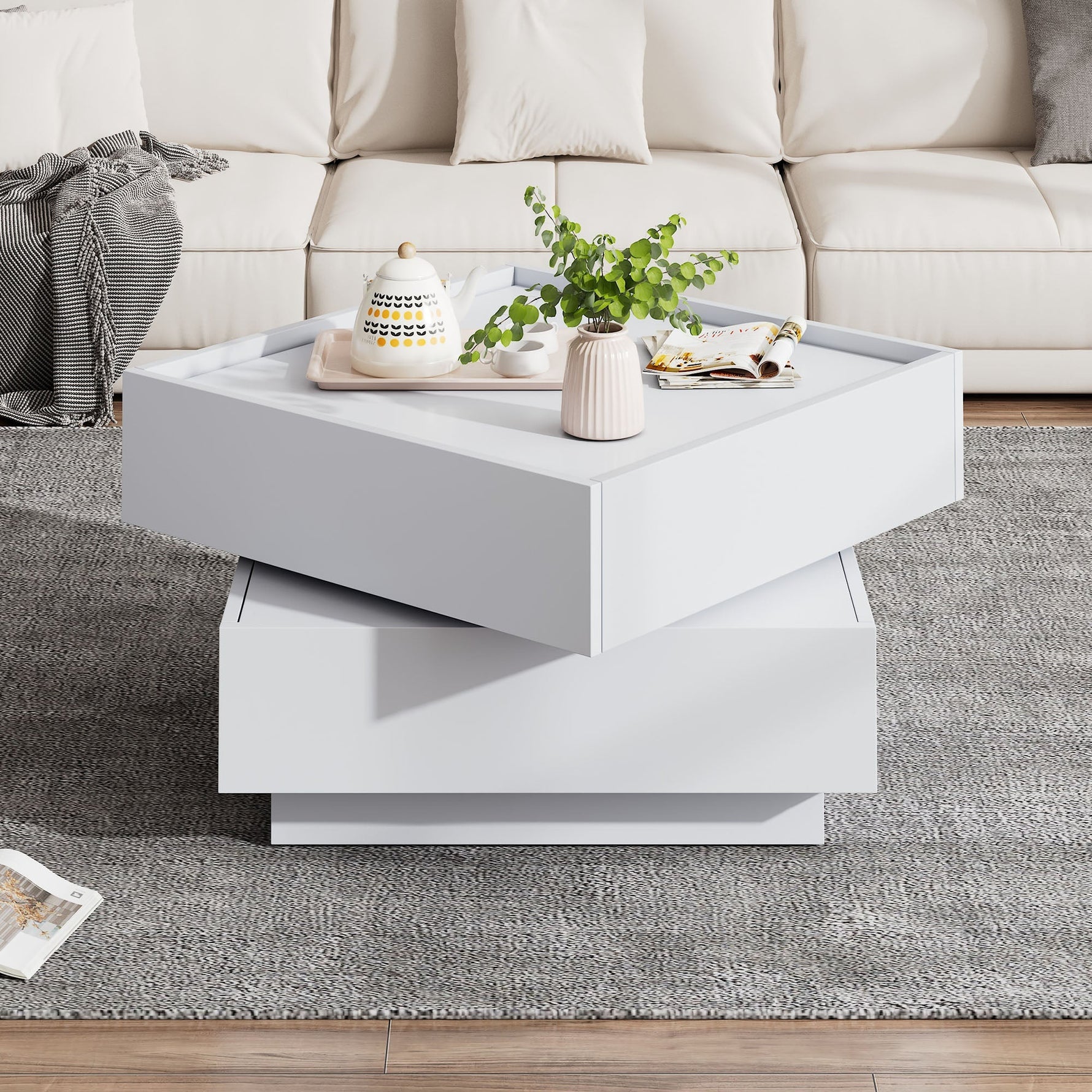 Coffee Table, Functional 360° Rotating with 2 Shelves & Storage, Pure White