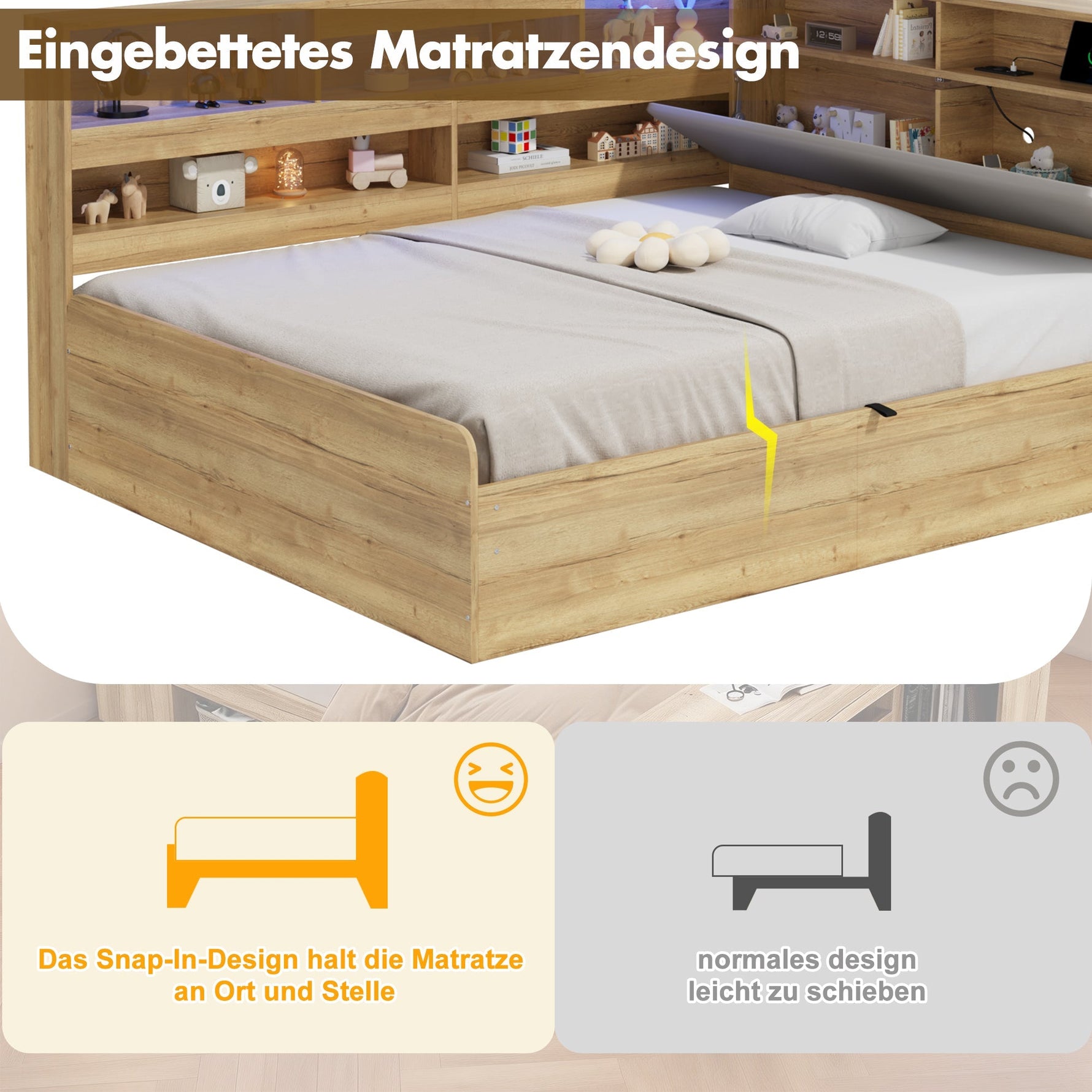 Daybed with Hydraulic Storage, USB Charging and LED Lighting, 140x200cm, Natural Wood