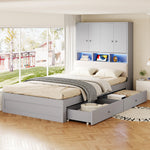 Multifunctional Wooden Bed 90x200cm, LED Storage Headboard, Grey