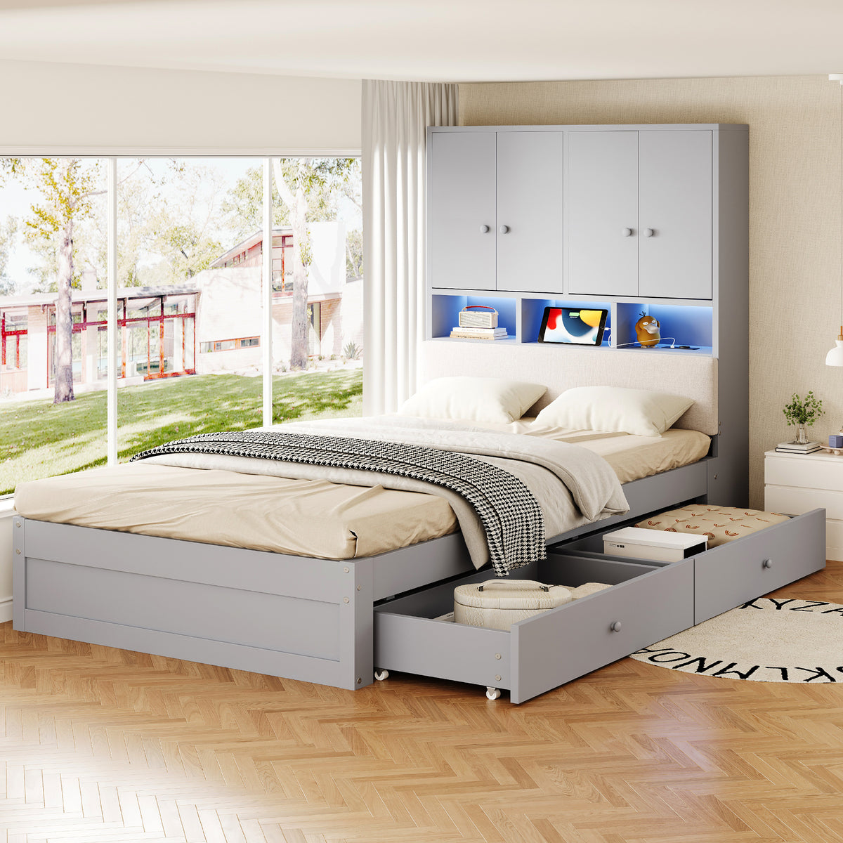 Multifunctional Wooden Bed 90x200cm, LED Storage Headboard, Grey