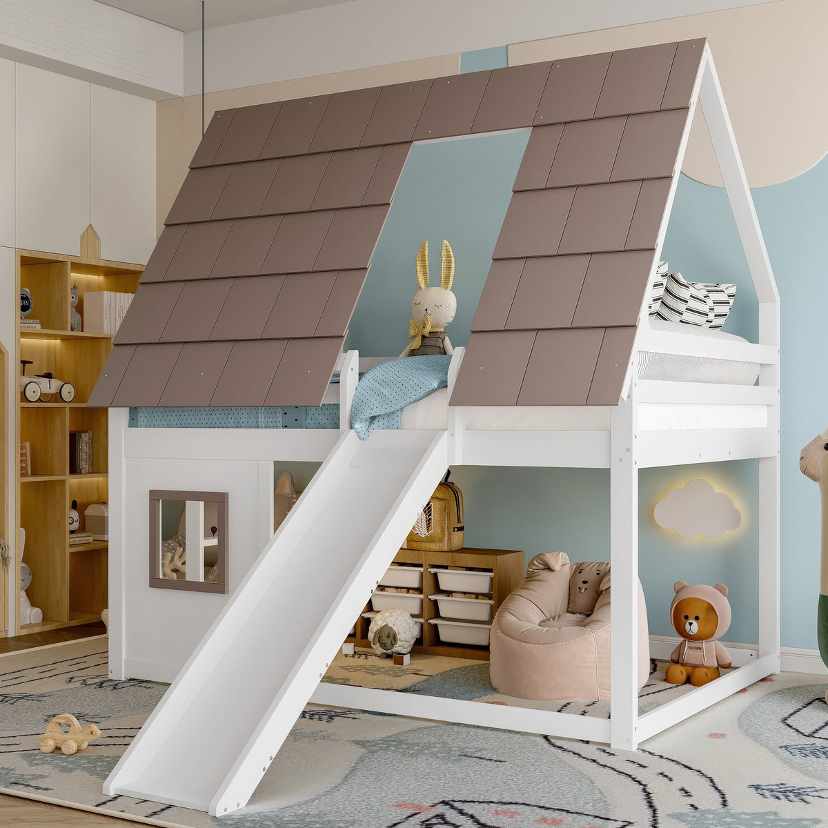 Wooden House Bunk Bed with Roof, Ladder and Slide, 140 x 200, White and Brown