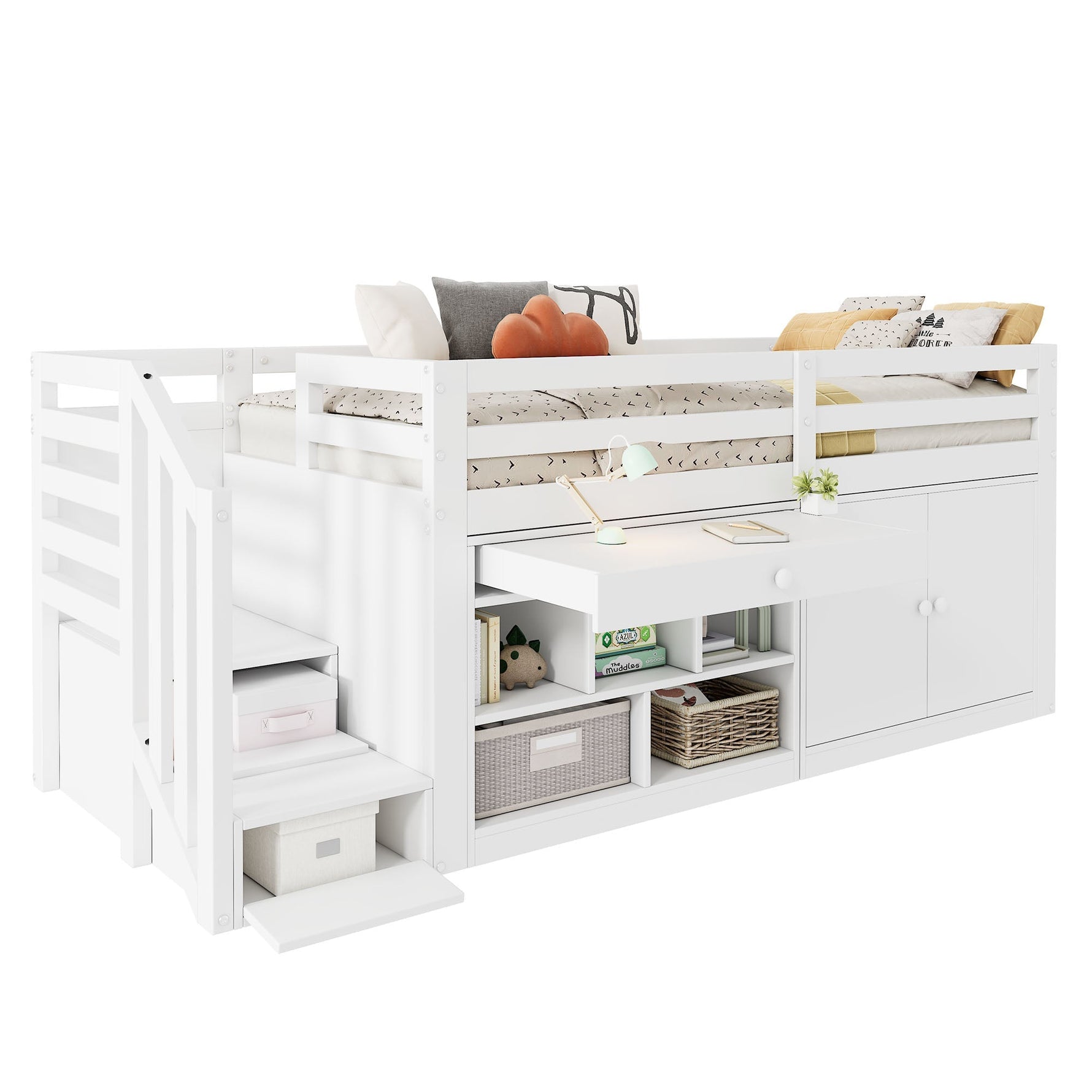 Multifunctional Children's Bed with Stairs, Storage and Convertible Desk, 90x200cm, White Wood