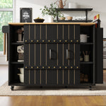 Kitchen Serving Cart Mobile Island with Worktop Sliding Doors Drawers Spice Rack Black