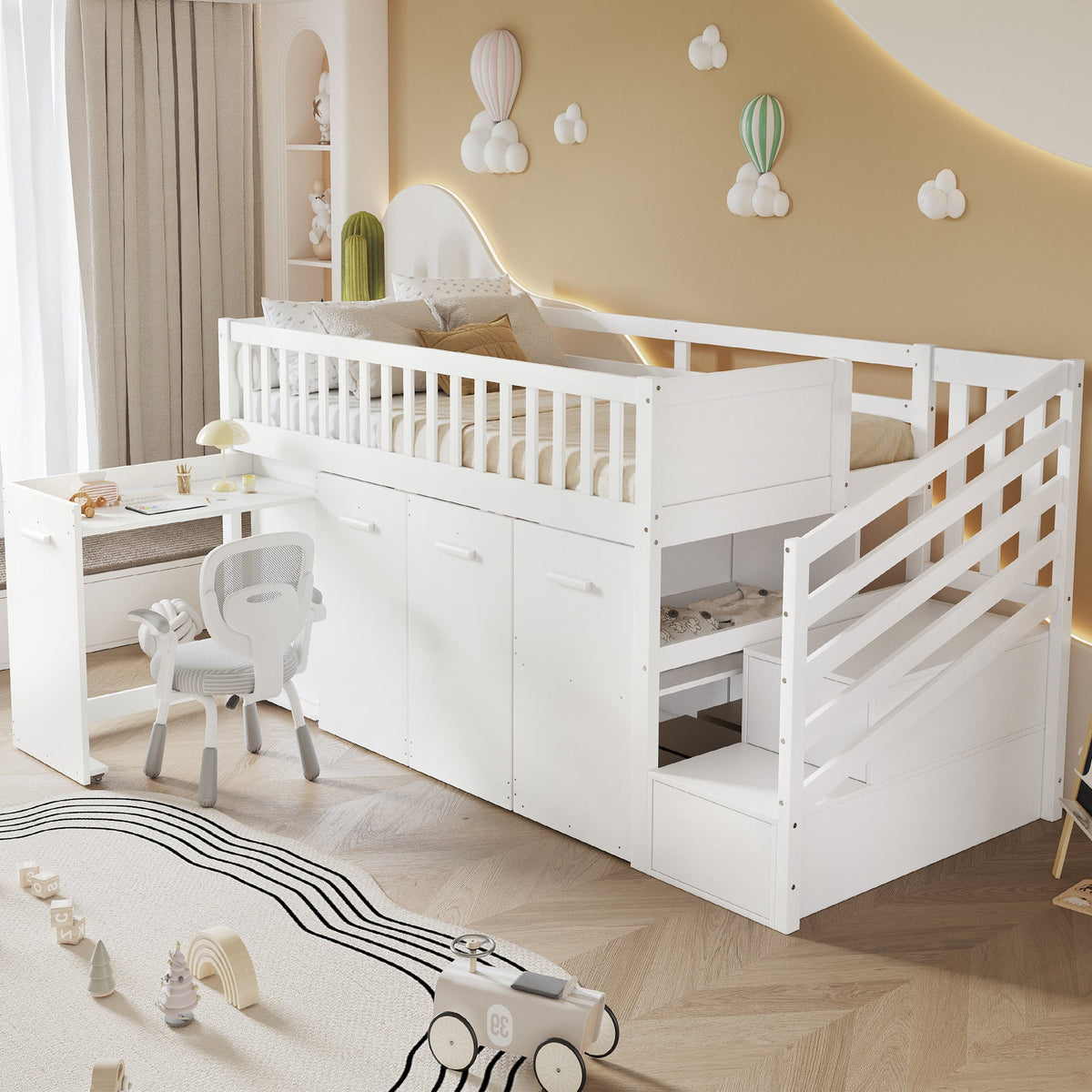 Bunk Bed, Multifunctional Children's with Desk, Wardrobe, Lockers, Pine + MDF White