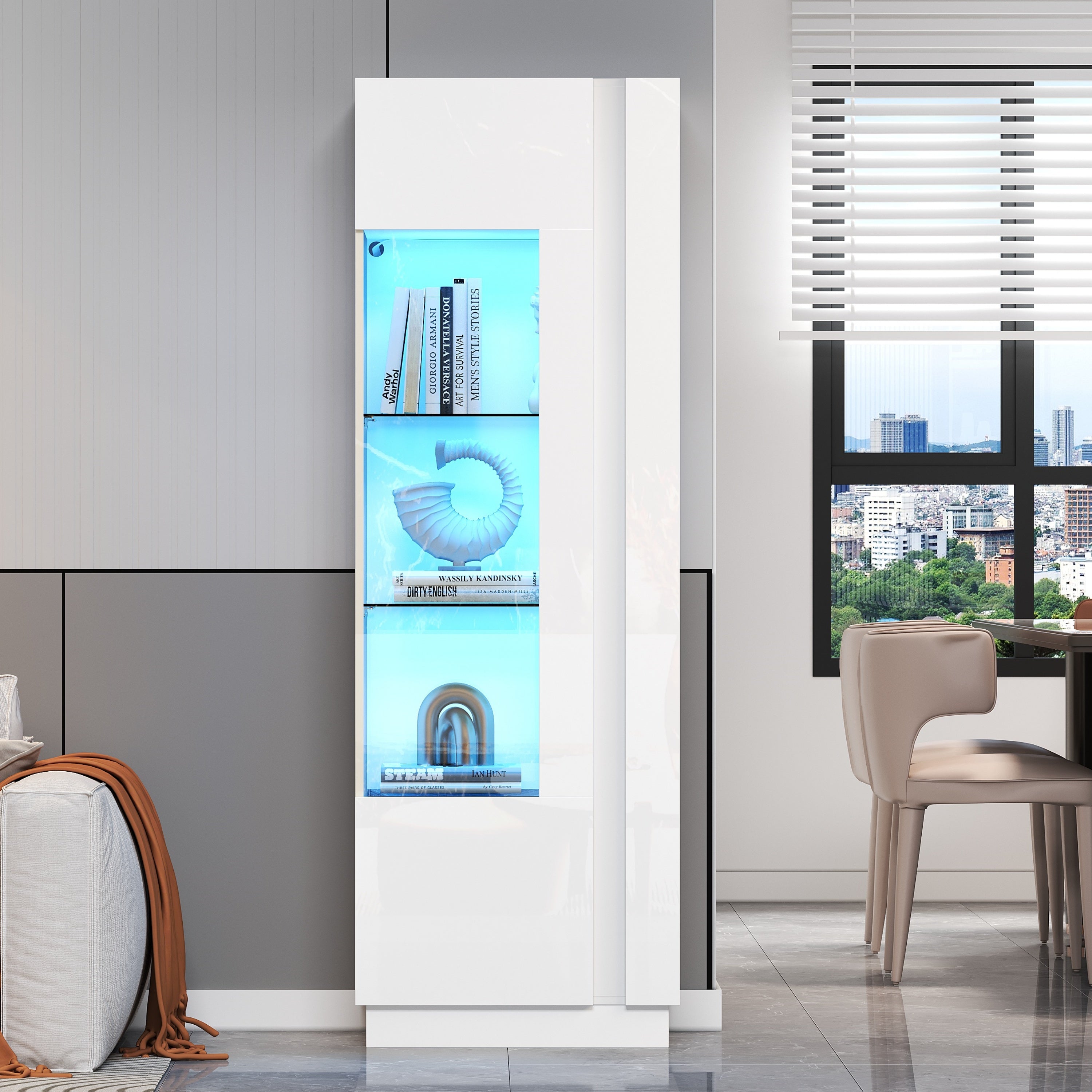Cabinet, 60x40x180cm High-Gloss Display with LED Lighting, White Acrylic