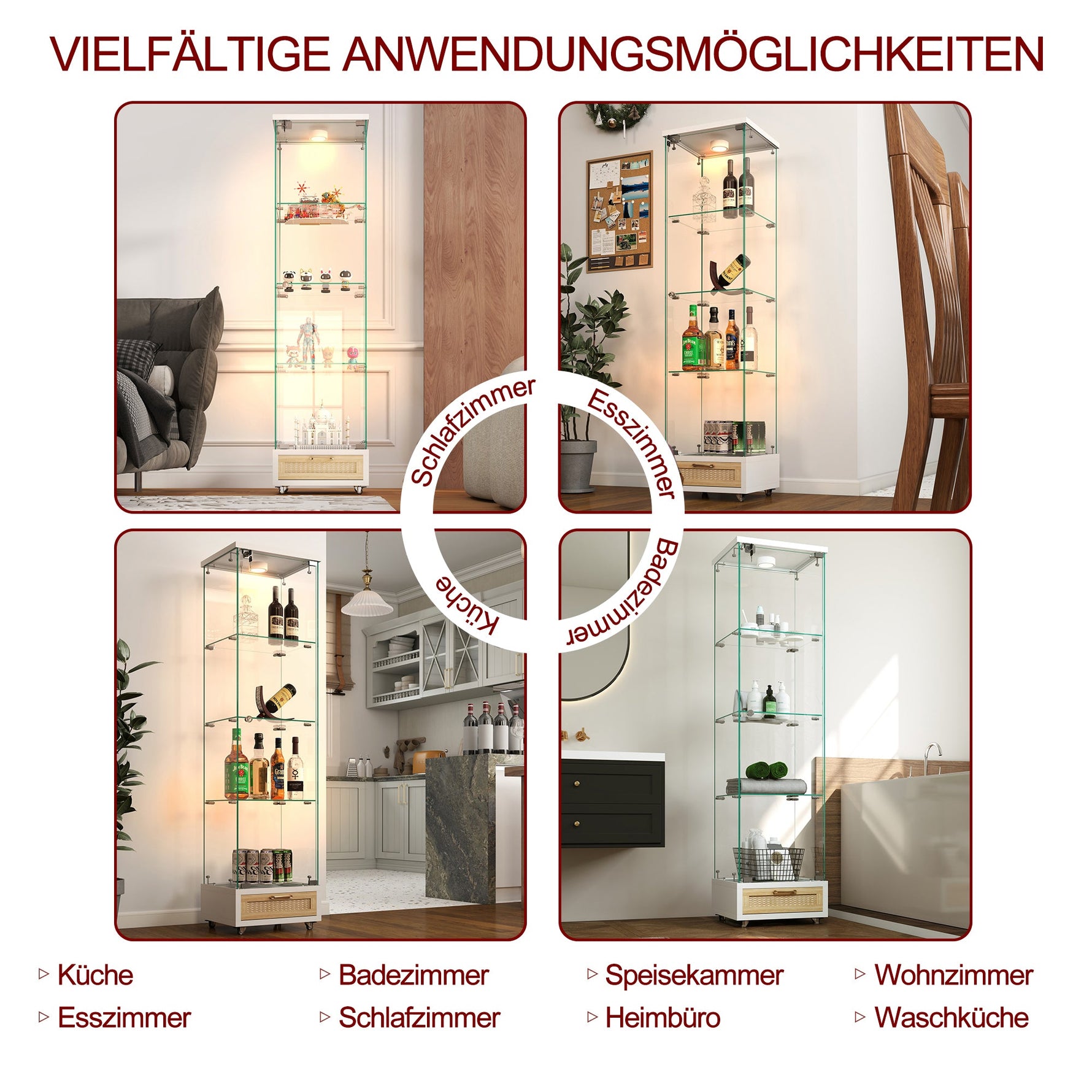 Modern Glass Display Cabinet LED Lights Drawers 4 Shelves - White