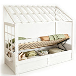 Country Style Children's Bed 90x200cm with Roof & Storage, White