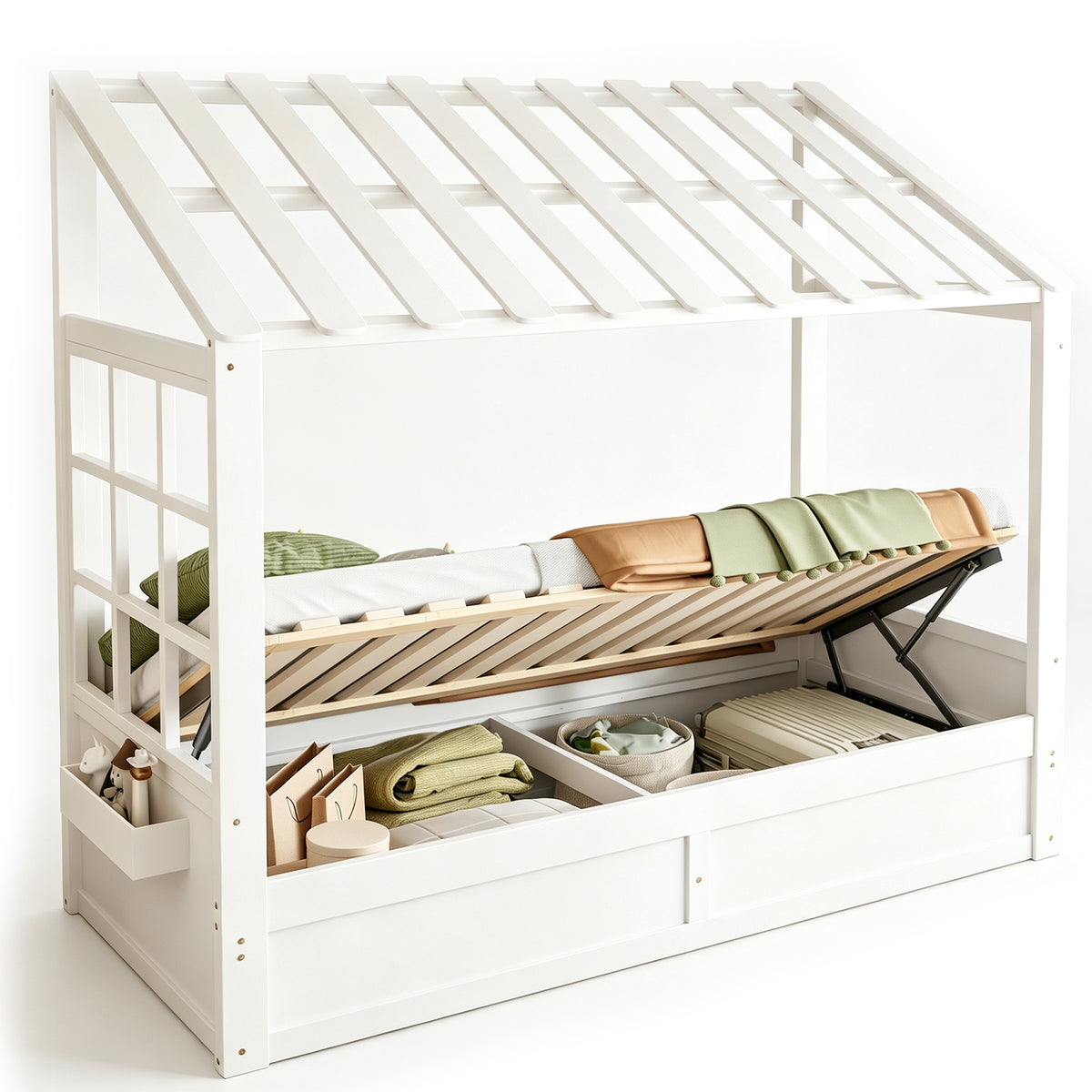 Country Style Children's Bed 90x200cm with Roof & Storage, White