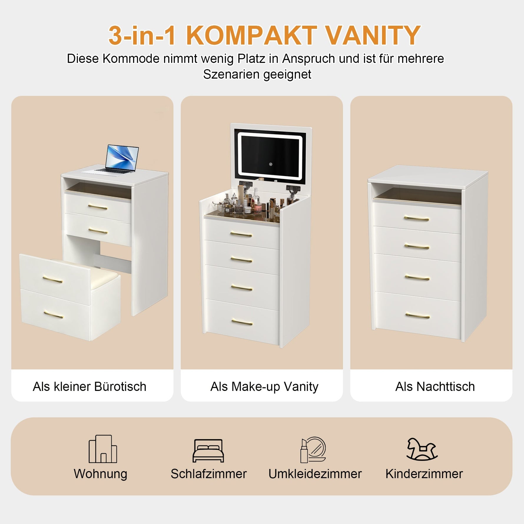 3-in-1 Dressing Table Set, Open Mirror 3 Drawers Compact W60cm, Clear Glass Top