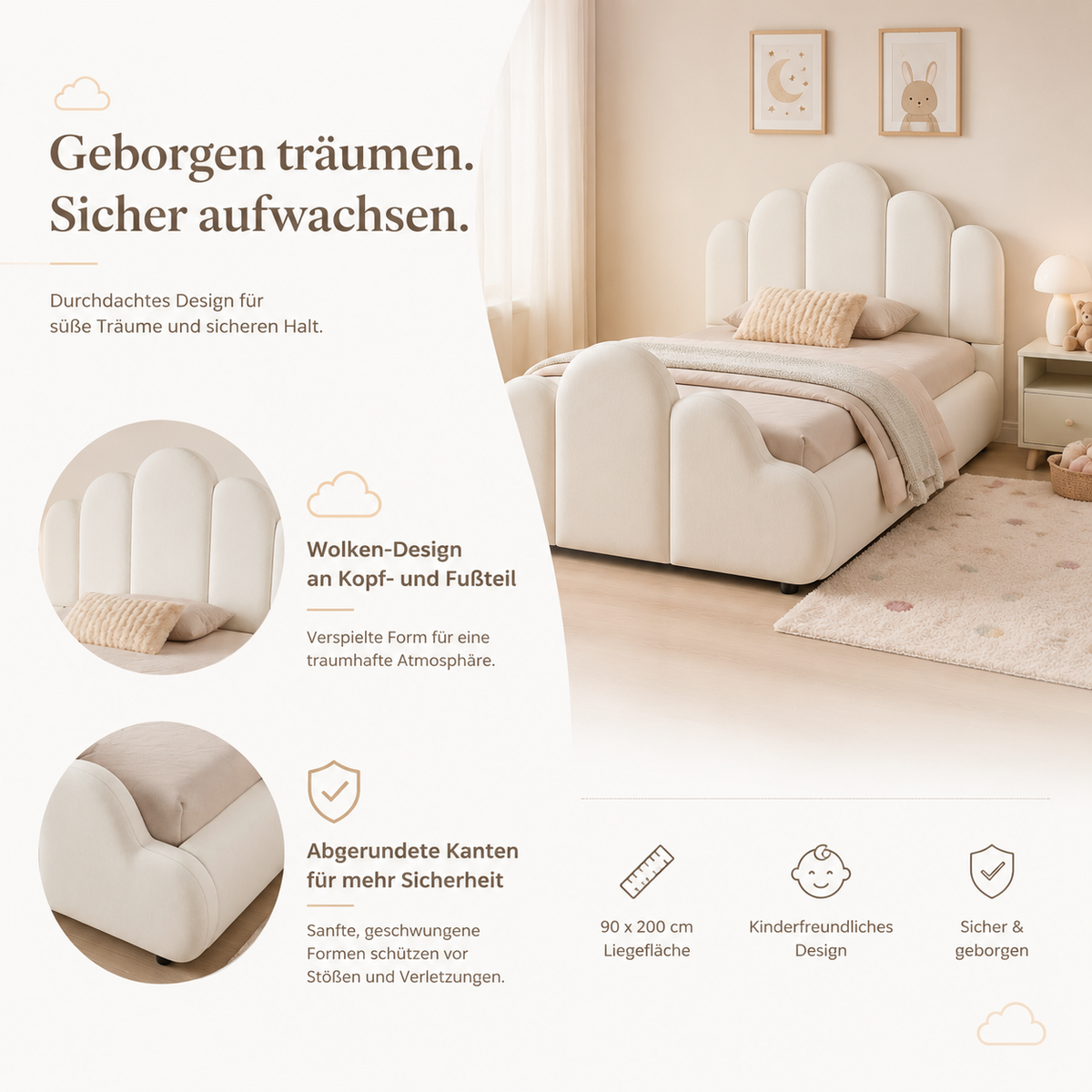 Upholstered Single Children's Bed 90x200cm - Beige Velvet