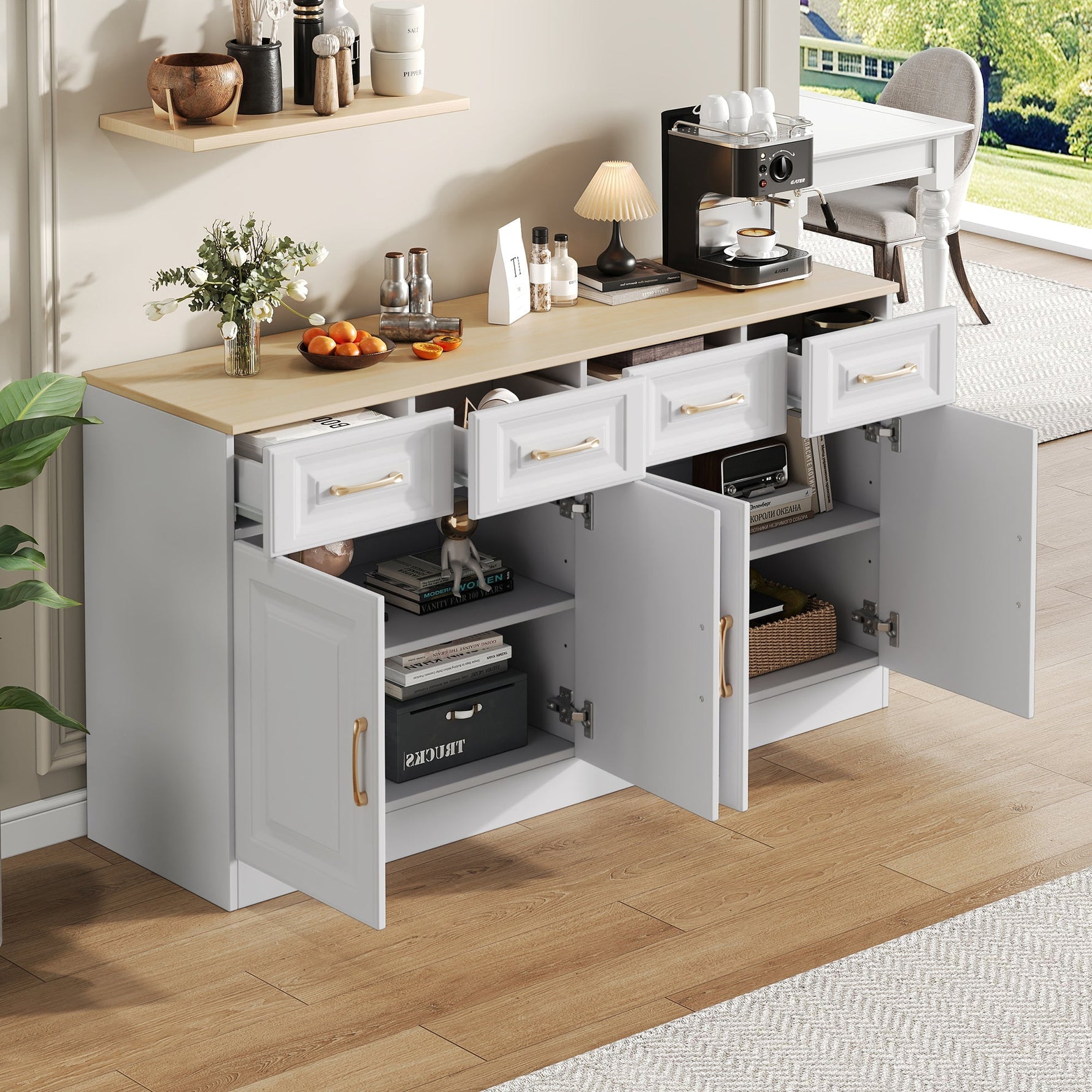 Sideboard Buffet Storage Cabinet 140cm 4 Drawers 4 Barn Doors White Wood