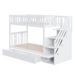 Children's Bunk Bed with Safety Stairs, Storage Drawers, Slatted Base, White Solid Wood