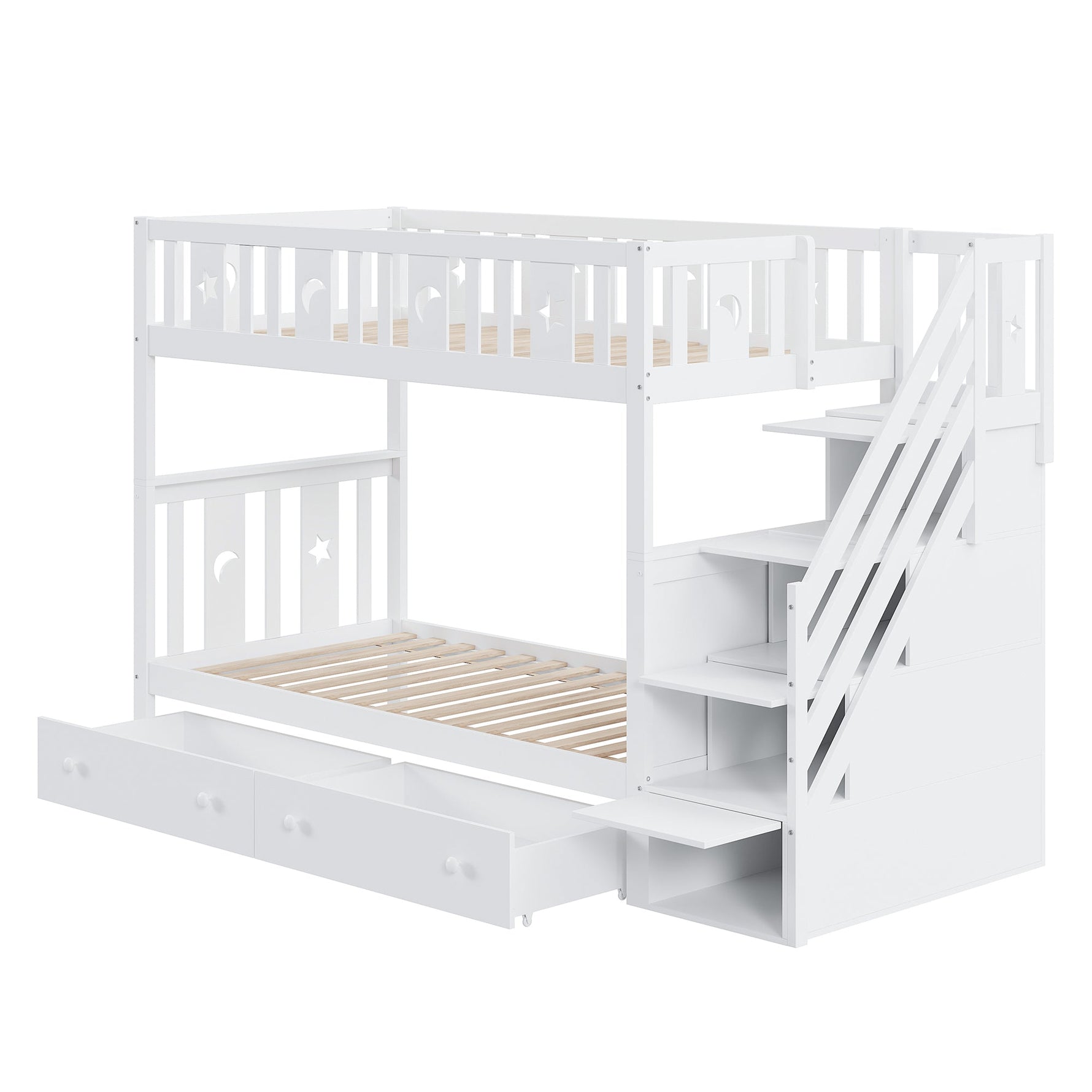 Children's Bunk Bed with Safety Stairs, Storage Drawers, Slatted Base, White Solid Wood