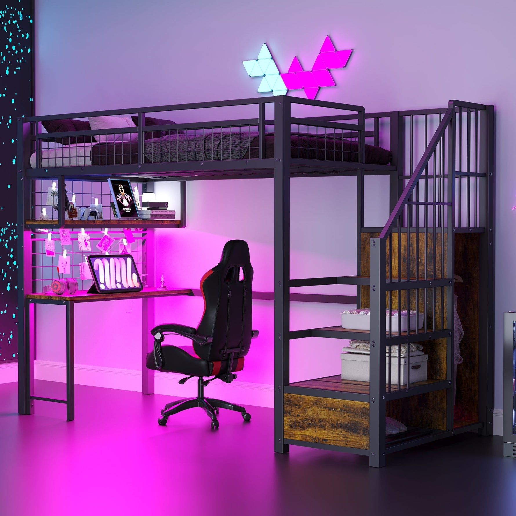 Metal Loft Bed 90x200cm Storage Ladder Wardrobe Desk Light & USB - Black
