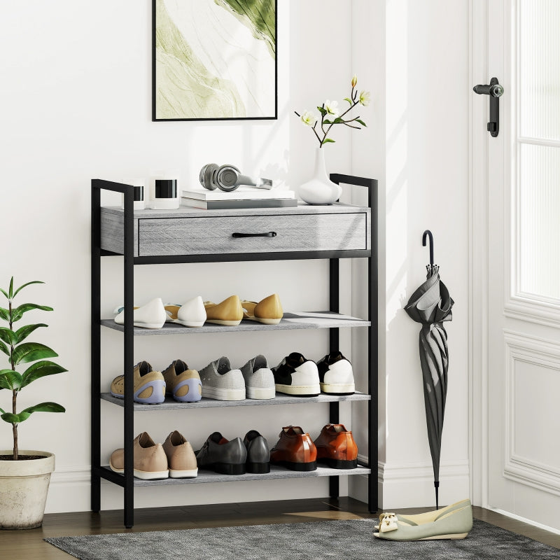 Shoe Rack 4-Tier, 9 Pairs, Chipboard Metal, Grey