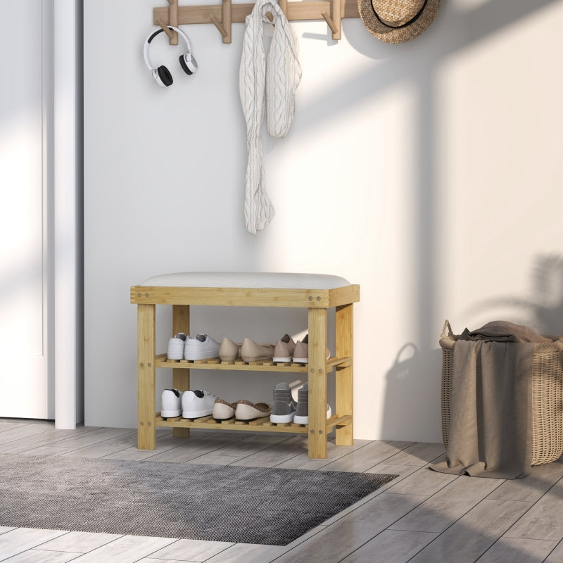 Shoe Bench with Storage, 2 Compartments, Bamboo Cream White