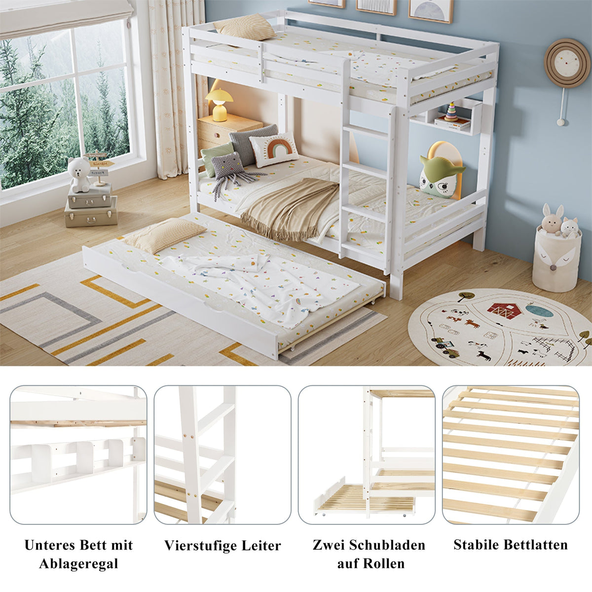 Bunk Bed Extendable with Shelves, Slats, Ladder, Pine/MDF/Plywood, White, 90x200cm