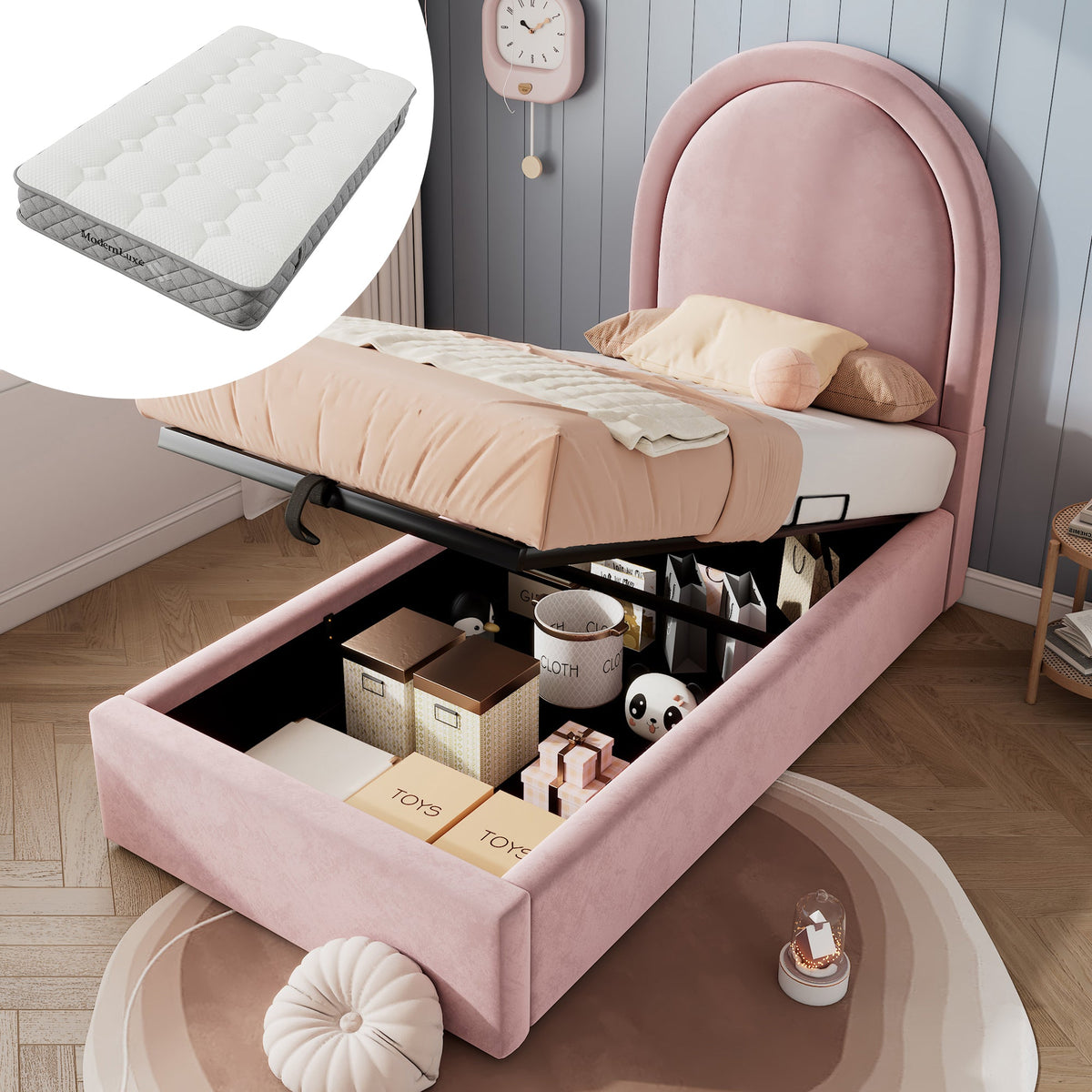Upholstered Children's Bed, Single 90 x 200 cm, Pink Velvet
