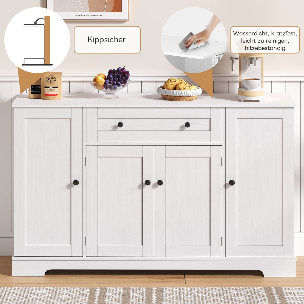 Multifunctional Buffet 138cm Sideboard Drawer Adjustable Shelves